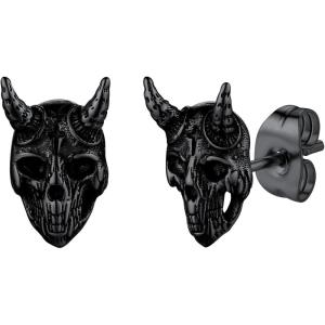 U7 Stainless Steel/Black/18K Gold Plated Personalized Gothic Skull Studs Earrings, Snake Stud Earrings, Goat Devil Earrings, Wolf Earrings Halloween Earrings for Men Women(07 Goat-Black)