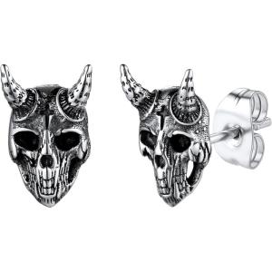 U7 Stainless Steel/Black/18K Gold Plated Personalized Gothic Skull Studs Earrings, Snake Stud Earrings, Goat Devil Earrings, Wolf Earrings Halloween Earrings for Men Women(07 Goat-Stainless)