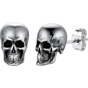 U7 Stainless Steel/Black/18K Gold Plated Personalized Gothic Skull Studs Earrings, Snake Stud Earrings, Goat Devil Earrings, Wolf Earrings Halloween Earrings for Men Women(03 Skull Studs-Stainless)