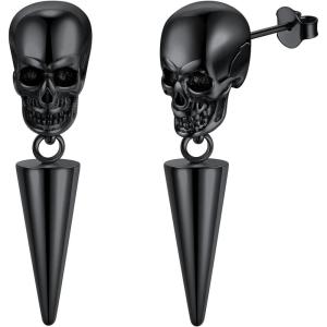 U7 Stainless Steel/Black/18K Gold Plated Personalized Gothic Skull Studs Earrings, Snake Stud Earrings, Goat Devil Earrings, Wolf Earrings Halloween Earrings for Men Women(09 Awl Skull-Black)
