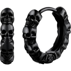 U7 Stainless Steel/Black/18K Gold Plated Personalized Gothic Skull Studs Earrings, Snake Stud Earrings, Goat Devil Earrings, Wolf Earrings Halloween Earrings for Men Women(01 Skull Hoop-Black)