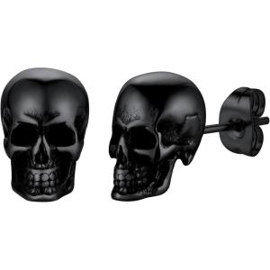 U7 Stainless Steel/Black/18K Gold Plated Personalized Gothic Skull Studs Earrings, Snake Stud Earrings, Goat Devil Earrings, Wolf Earrings Halloween Earrings for Men Women(03 Skull Studs-Black)