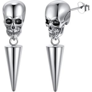 U7 Stainless Steel/Black/18K Gold Plated Personalized Gothic Skull Studs Earrings, Snake Stud Earrings, Goat Devil Earrings, Wolf Earrings Halloween Earrings for Men Women(09 Awl Skull-Stainless)