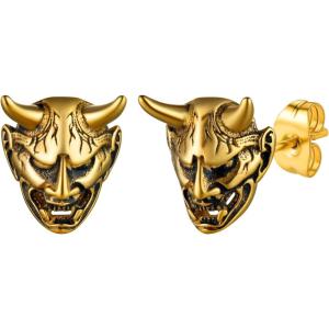 U7 Stainless Steel/Black/18K Gold Plated Personalized Gothic Skull Studs Earrings, Snake Stud Earrings, Goat Devil Earrings, Wolf Earrings Halloween Earrings for Men Women(04 Devil Horn-Gold)