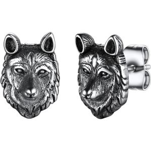 U7 Stainless Steel/Black/18K Gold Plated Personalized Gothic Skull Studs Earrings, Snake Stud Earrings, Goat Devil Earrings, Wolf Earrings Halloween Earrings for Men Women(08 Wolf-Stainless)