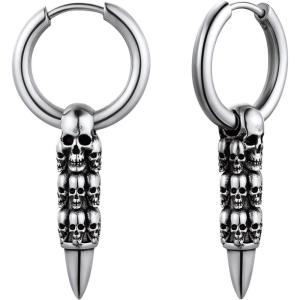 U7 Stainless Steel/Black/18K Gold Plated Personalized Gothic Skull Studs Earrings, Snake Stud Earrings, Goat Devil Earrings, Wolf Earrings Halloween Earrings for Men Women(06 Bullet Skull-Stainless)