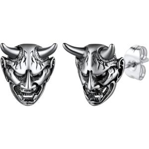 U7 Stainless Steel/Black/18K Gold Plated Personalized Gothic Skull Studs Earrings, Snake Stud Earrings, Goat Devil Earrings, Wolf Earrings Halloween Earrings for Men Women(04 Devil Horn-Steel)