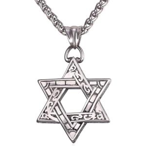 U7 Star of David Necklace for Men Women Gold/Stainless Steel Hexagon Pendant with Cross/Ruby Stone/Classic Jewish Isael Necklaces, Length 22″ 24″ 26″(09-Vintage Star of David-Steel-26″)
