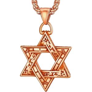 U7 Star of David Necklace for Men Women Gold/Stainless Steel Hexagon Pendant with Cross/Ruby Stone/Classic Jewish Isael Necklaces, Length 22″ 24″ 26″(03-Retro David Star-Rose Gold)