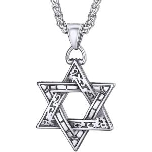 U7 Star of David Necklace for Men Women Gold/Stainless Steel Hexagon Pendant with Cross/Ruby Stone/Classic Jewish Isael Necklaces, Length 22″ 24″ 26″(03-Retro David Star-Stainless)