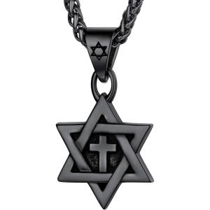 U7 Star of David Necklace for Men Women Gold/Stainless Steel Hexagon Pendant with Cross/Ruby Stone/Classic Jewish Isael Necklaces, Length 22″ 24″ 26″(02-Star of David with Cross-Black)