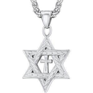 U7 Star of David Necklace for Men Women Gold/Stainless Steel Hexagon Pendant with Cross/Ruby Stone/Classic Jewish Isael Necklaces, Length 22″ 24″ 26″(05-Cross Star of David-Stainless)