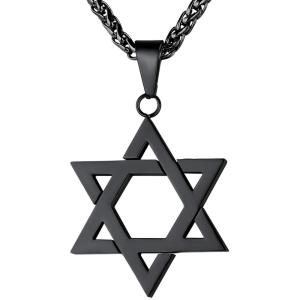 U7 Star of David Necklace for Men Women Gold/Stainless Steel Hexagon Pendant with Cross/Ruby Stone/Classic Jewish Isael Necklaces, Length 22″ 24″ 26″(01-Classic-black)