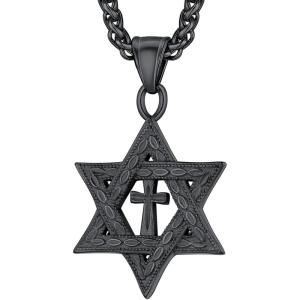 U7 Star of David Necklace for Men Women Gold/Stainless Steel Hexagon Pendant with Cross/Ruby Stone/Classic Jewish Isael Necklaces, Length 22″ 24″ 26″(05-Cross Star of David-Black)