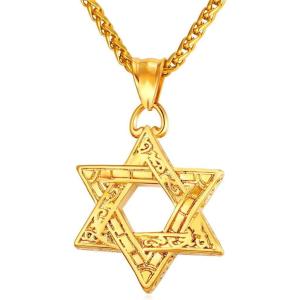 U7 Star of David Necklace for Men Women Gold/Stainless Steel Hexagon Pendant with Cross/Ruby Stone/Classic Jewish Isael Necklaces, Length 22″ 24″ 26″(09-Vintage Star of David-Gold-26″)