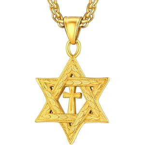 U7 Star of David Necklace for Men Women Gold/Stainless Steel Hexagon Pendant with Cross/Ruby Stone/Classic Jewish Isael Necklaces, Length 22″ 24″ 26″(05-Cross Star of David-Gold)