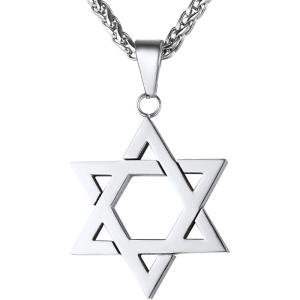 U7 Star of David Necklace for Men Women Gold/Stainless Steel Hexagon Pendant with Cross/Ruby Stone/Classic Jewish Isael Necklaces, Length 22″ 24″ 26″(01-Classic-stainless steel)