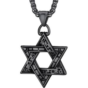 U7 Star of David Necklace for Men Women Gold/Stainless Steel Hexagon Pendant with Cross/Ruby Stone/Classic Jewish Isael Necklaces, Length 22″ 24″ 26″(03-Retro David Star-Black)