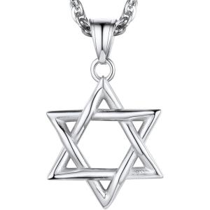 U7 Star of David Necklace for Men Women Gold/Stainless Steel Hexagon Pendant with Cross/Ruby Stone/Classic Jewish Isael Necklaces, Length 22″ 24″ 26″(06-Cursive David Star-Stainless)