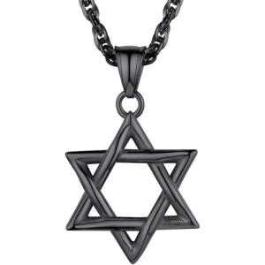 U7 Star of David Necklace for Men Women Gold/Stainless Steel Hexagon Pendant with Cross/Ruby Stone/Classic Jewish Isael Necklaces, Length 22″ 24″ 26″(06-Cursive David Star-Black)