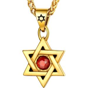 U7 Star of David Necklace for Men Women Gold/Stainless Steel Hexagon Pendant with Cross/Ruby Stone/Classic Jewish Isael Necklaces, Length 22″ 24″ 26″(04-David Star with Red Stone-Gold)