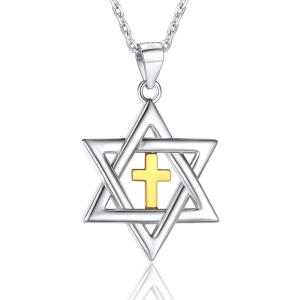 U7 Star of David Necklace for Men Women Gold/Stainless Steel Hexagon Pendant with Cross/Ruby Stone/Classic Jewish Isael Necklaces, Length 22″ 24″ 26″(07-David Star with Cross-Sterling Silver)