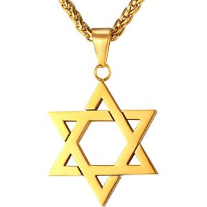 U7 Star of David Necklace for Men Women Gold/Stainless Steel Hexagon Pendant with Cross/Ruby Stone/Classic Jewish Isael Necklaces, Length 22″ 24″ 26″(01-Classic-gold)