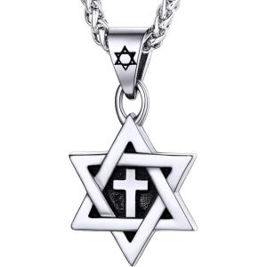 U7 Star of David Necklace for Men Women Gold/Stainless Steel Hexagon Pendant with Cross/Ruby Stone/Classic Jewish Isael Necklaces, Length 22″ 24″ 26″(02-Star of David with Cross-Stainless)