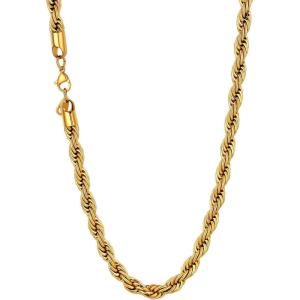 U7 Twisted Rope Chain, Figaro Chain, Men Stainless Steel Necklace and Bracelet Set, 3mm 5mm 6mm 9mm Black Gold Silver Chains Necklaces for Men Women 16″-30″(b. 6mm Gold)