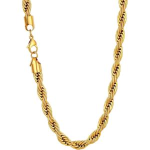 U7 Twisted Rope Chain, Figaro Chain, Men Stainless Steel Necklace and Bracelet Set, 3mm 5mm 6mm 9mm Black Gold Silver Chains Necklaces for Men Women 16″-30″(a. 9mm Gold)