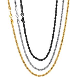 U7 Twisted Rope Chain, Figaro Chain, Men Stainless Steel Necklace and Bracelet Set, 3mm 5mm 6mm 9mm Black Gold Silver Chains Necklaces for Men Women 16″-30″(d. 3mm Color)