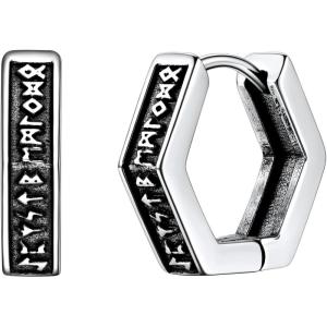 U7 Viking Hoop Earring for Men Stainless Steel/Black/Gold Huggie Hoops Earrings, Norse Viking Runes Hoop/Hexagon/Triangle Punk Jewelry Hypoallergenic Gift for Men Women(02.Silver-Hexagon)