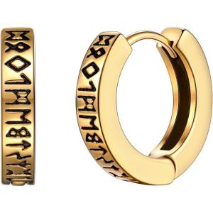 U7 Viking Hoop Earring for Men Stainless Steel/Black/Gold Huggie Hoops Earrings, Norse Viking Runes Hoop/Hexagon/Triangle Punk Jewelry Hypoallergenic Gift for Men Women(01.Gold-Hoop)