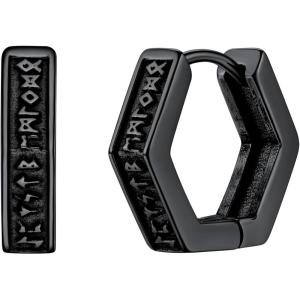 U7 Viking Hoop Earring for Men Stainless Steel/Black/Gold Huggie Hoops Earrings, Norse Viking Runes Hoop/Hexagon/Triangle Punk Jewelry Hypoallergenic Gift for Men Women(02.Black-Hexagon)