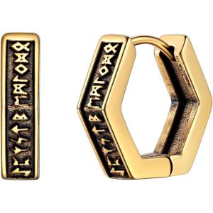 U7 Viking Hoop Earring for Men Stainless Steel/Black/Gold Huggie Hoops Earrings, Norse Viking Runes Hoop/Hexagon/Triangle Punk Jewelry Hypoallergenic Gift for Men Women(02.Gold-Hexagon)