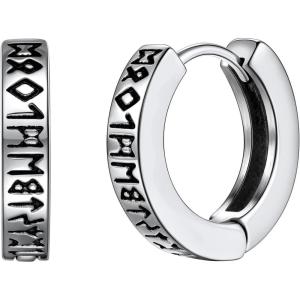 U7 Viking Hoop Earring for Men Stainless Steel/Black/Gold Huggie Hoops Earrings, Norse Viking Runes Hoop/Hexagon/Triangle Punk Jewelry Hypoallergenic Gift for Men Women(01.Silver-Hoop)