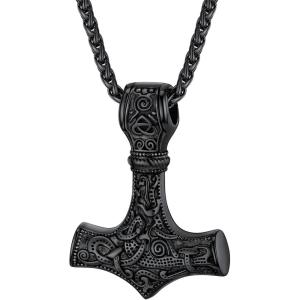 U7 Viking Pendant Necklace Stainless Steel/18K Gold Plated Celtic Thor’s Hammer Pendant Necklaces Viking Jewelry Gift for Men(1.Thor’s hammer celtic-black)