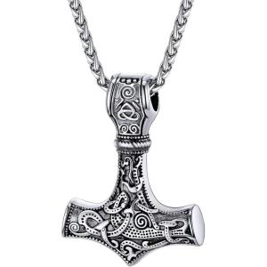 U7 Viking Pendant Necklace Stainless Steel/18K Gold Plated Celtic Thor’s Hammer Pendant Necklaces Viking Jewelry Gift for Men(1.Thor’s hammer celtic-silver)