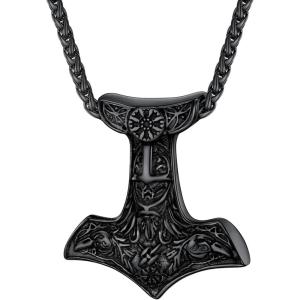 U7 Viking Pendant Necklace Stainless Steel/18K Gold Plated Celtic Thor’s Hammer Pendant Necklaces Viking Jewelry Gift for Men(2.Thor’s hammer& Ordin raven-black)