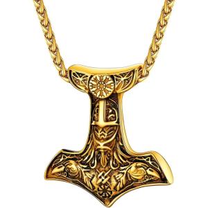 U7 Viking Pendant Necklace Stainless Steel/18K Gold Plated Celtic Thor’s Hammer Pendant Necklaces Viking Jewelry Gift for Men(2.Thor’s hammer& Ordin raven-gold)