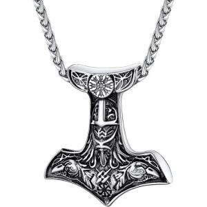U7 Viking Pendant Necklace Stainless Steel/18K Gold Plated Celtic Thor’s Hammer Pendant Necklaces Viking Jewelry Gift for Men(2.Thor’s hammer& Ordin raven-stainless)