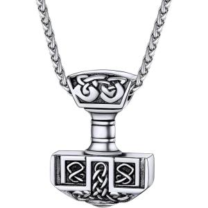 U7 Viking Pendant Necklace Stainless Steel/18K Gold Plated Celtic Thor’s Hammer Pendant Necklaces Viking Jewelry Gift for Men(4.Thor’s hammer-silver black)