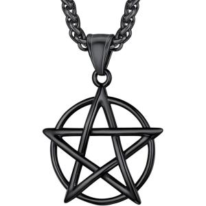 U7 Wiccan Necklace Pagan Pendant Men Women Stainless Steel/Black/18K Gold Plated Pentagram/Norse Viking/Raven Occult Necklaces(01.Pentacle-Black)