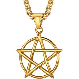 U7 Wiccan Necklace Pagan Pendant Men Women Stainless Steel/Black/18K Gold Plated Pentagram/Norse Viking/Raven Occult Necklaces(01.Pentacle-Gold)