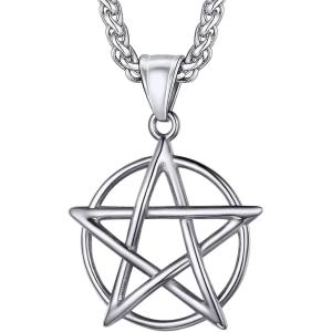 U7 Wiccan Necklace Pagan Pendant Men Women Stainless Steel/Black/18K Gold Plated Pentagram/Norse Viking/Raven Occult Necklaces(01.Pentacle-Stainless)