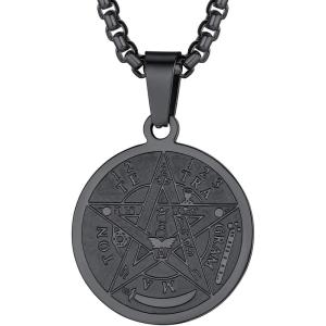 U7 Wiccan Necklace Pagan Pendant Men Women Stainless Steel/Black/18K Gold Plated Pentagram/Norse Viking/Raven Occult Necklaces(02.Pentacle Medal-Black)