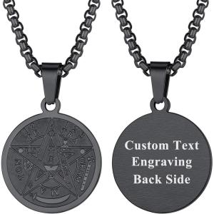 U7 Wiccan Necklace Pagan Pendant Men Women Stainless Steel/Black/18K Gold Plated Pentagram/Norse Viking/Raven Occult Necklaces(02.Pentacle Medal-Black-Customized)