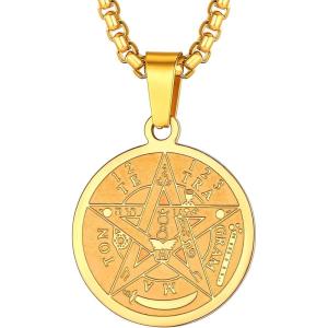 U7 Wiccan Necklace Pagan Pendant Men Women Stainless Steel/Black/18K Gold Plated Pentagram/Norse Viking/Raven Occult Necklaces(02.Pentacle Medal-Gold)