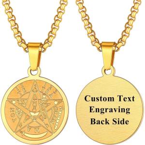 U7 Wiccan Necklace Pagan Pendant Men Women Stainless Steel/Black/18K Gold Plated Pentagram/Norse Viking/Raven Occult Necklaces(02.Pentacle Medal-Gold-Customized)