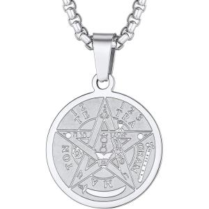 U7 Wiccan Necklace Pagan Pendant Men Women Stainless Steel/Black/18K Gold Plated Pentagram/Norse Viking/Raven Occult Necklaces(02.Pentacle Medal-Stainless)